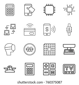 Thin Line Icon Set : Calculator, Touch, Chip, Notebook Connect, Tap To Pay, Phone, Smart Watch, Virtual Mask, Crypto Currency, Cpu, Market Scales, Tv