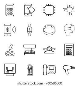 Thin line icon set : calculator, touch, chip, phone pay, smart watch, bracelet, virtual mask, infinity power, market scales, atm, remote control, intercome, hair dryer