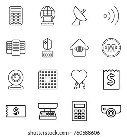 Thin line icon set : calculator, notebook globe, satellite antenna, wireless, server, crystall memory, home, crypto currency, web cam, cpu, cardio chip, receipt, market scales, surveillance camera