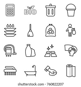 Thin line icon set : calculator, bio, bin, bucket, plate washing, broom, garbage bag, trash, vacuum cleaner, shampoo, clean floor, wiping, brush, bath, paper towel