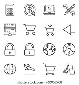 Thin line icon set : calculator, dollar arrow, notebook, pencil wrench, server, cart, add to, left, lock, unlock, globe, earth, arrival, bucket and broom
