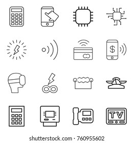 Thin line icon set : calculator, touch, chip, lightning, wireless, tap to pay, phone, virtual mask, infinity power, electrostatic, scales, atm, intercome, tv