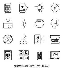 Thin line icon set : calculator, touch, chip, lightning, tap to pay, smart watch, bracelet, virtual mask, crypto currency, infinity power, mobile, market scales, remote control, tv