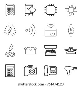 Thin line icon set : calculator, touch, chip, lightning, wireless, tap to pay, smart watch, infinity power, electrostatic, market scales, camera, intercome, hair dryer