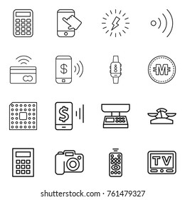 Thin line icon set : calculator, touch, lightning, wireless, tap to pay, phone, smart watch, crypto currency, cpu, mobile, market scales, camera, remote control, tv