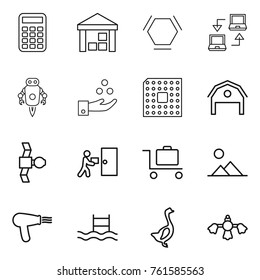 Thin line icon set : calculator, warehouse, hex molecule, notebook connect, jet robot, chemical industry, cpu, barn, satellite, courier delivery, baggage trolley, landscape, hair dryer, pool, goose