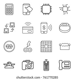 Thin line icon set : calculator, touch, chip, notebook connect, tap to pay, phone, smart bracelet, crypto currency, infinity power, cpu, electrostatic, scales, camera, remote control, intercome
