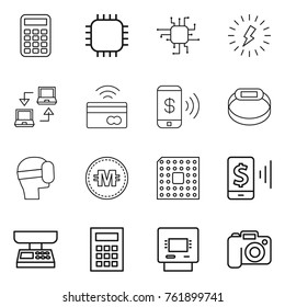 Thin line icon set : calculator, chip, lightning, notebook connect, tap to pay, phone, smart bracelet, virtual mask, crypto currency, cpu, mobile, market scales, atm, camera