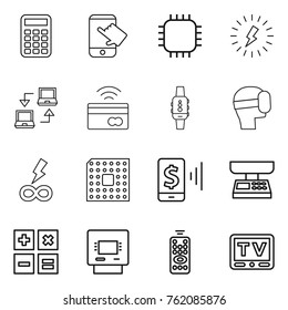Thin line icon set : calculator, touch, chip, lightning, notebook connect, tap to pay, smart watch, virtual mask, infinity power, cpu, mobile, market scales, atm, remote control, tv