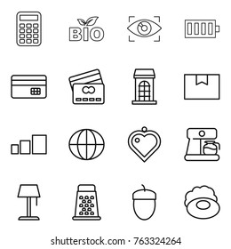 Thin Line Icon Set : Calculator, Bio, Eye Identity, Battery, Credit Card, Building, Package Box, Sorting, Globe, Heart Pendant, Coffee Maker, Floor Lamp, Grater, Acorn, Soap