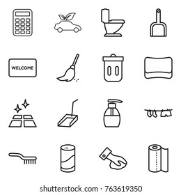 Thin Line Icon Set : Calculator, Eco Car, Toilet, Scoop, Welcome Mat, Broom, Trash Bin, Sponge, Clean Floor, Liquid Soap, Drying Clothe, Brush, Cleanser Powder, Wiping, Paper Towel