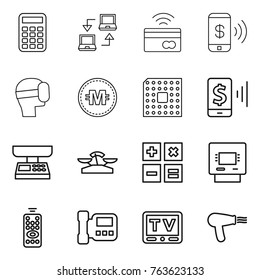 Thin line icon set : calculator, notebook connect, tap to pay, phone, virtual mask, crypto currency, cpu, mobile, market scales, atm, remote control, intercome, tv, hair dryer