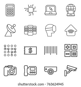 Thin line icon set : calculator, chip, notebook, globe, satellite antenna, server, virtual mask, wireless home, receipt, bar code, camera, intercome, surveillance