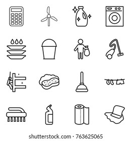 Thin line icon set : calculator, windmill, cleanser, washing machine, plate, bucket, trash, vacuum cleaner, skyscrapers cleaning, sponge with foam, plunger, drying clothe, brush, toilet, paper towel