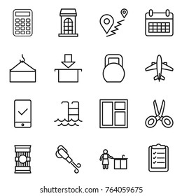 Thin line icon set : calculator, building, route, calendar, loading crane, package, heavy, airplane, mobile checking, pool, window, scissors, pasta, blower, kitchen cleaning, clipboard list