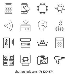 Thin line icon set : calculator, touch, chip, wireless, tap to pay, virtual mask, infinity power, mobile, market scales, atm, camera, hair dryer