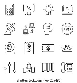 Thin line icon set : calculator, monitor arrow, chip, notebook, satellite antenna, connect, virtual mask, crypto currency, web cam, receipt, scales, equalizer, castle, bar code, intercome
