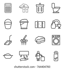Thin line icon set : calculator, factory filter, bin, toilet, bucket, foam, clean window, dish cleanser, scoop, vacuum cleaner, sponge with, washing machine, basin, hand dryer, garbage, please