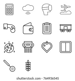 Thin line icon set : calculator, cloud wireless, virtual mask, weather management, hand coin, wallet, clipboard, railroad shipping, disco ball, antique column, heart pendant, power switch, skimmer