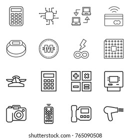 Thin line icon set : calculator, chip, notebook connect, tap to pay, smart bracelet, crypto currency, infinity power, cpu, scales, atm, camera, remote control, intercome, hair dryer