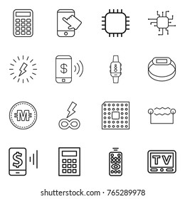 Thin line icon set : calculator, touch, chip, lightning, phone pay, smart watch, bracelet, crypto currency, infinity power, cpu, electrostatic, mobile, remote control, tv