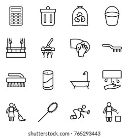 Thin line icon set : calculator, bin, garbage bag, bucket, skysrcapers cleaning, vacuum cleaner, wiping, brush, cleanser powder, bath, hand dryer, brooming, duster