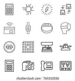 Thin line icon set : calculator, chip, lightning, notebook connect, tap to pay, smart watch, bracelet, virtual mask, crypto currency, cpu, market scales, camera, intercome, tv