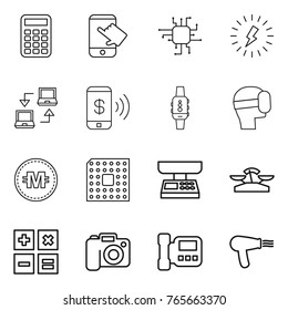 Thin line icon set : calculator, touch, chip, lightning, notebook connect, phone pay, smart watch, virtual mask, crypto currency, cpu, market scales, camera, intercome, hair dryer