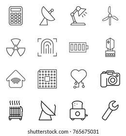 Thin line icon set : calculator, satellite antenna, table lamp, windmill, nuclear, fingerprint, battery, crystall memory, wireless home, cpu, cardio chip, camera, radiator, toaster, wrench