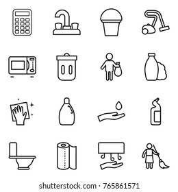 Thin line icon set : calculator, water tap, bucket, vacuum cleaner, microwave oven, trash bin, shampoo, wiping, cleanser, hand and drop, toilet, paper towel, dryer, brooming