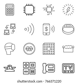 Thin line icon set : calculator, chip, lightning, notebook connect, wireless, phone pay, smart bracelet, virtual mask, crypto currency, cpu, electrostatic, scales, intercome, tv