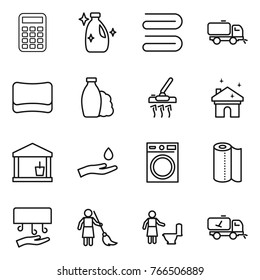 Thin line icon set : calculator, cleanser, towel, sweeper, sponge, shampoo, vacuum cleaner, house cleaning, utility room, hand and drop, washing machine, paper, dryer, brooming, toilet, home call