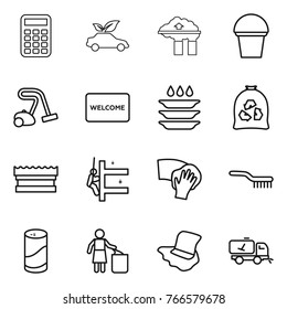 Thin line icon set : calculator, eco car, factory filter, bucket, vacuum cleaner, welcome mat, plate washing, garbage bag, sponge, skyscrapers cleaning, wiping, brush, cleanser powder, bin, floor