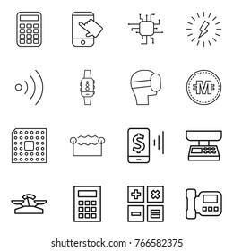 Thin line icon set : calculator, touch, chip, lightning, wireless, smart watch, virtual mask, crypto currency, cpu, electrostatic, mobile pay, market scales, intercome