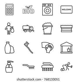 Thin line icon set : calculator, bio, washing machine, welcome mat, trash, sweeper, foam bucket, sponge, shampoo, tooth brush, wiping, utility room, liquid soap, vacuum cleaner