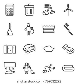 Thin line icon set : calculator, bin, vacuum cleaner, windmill, broom, trash, sponge, tooth brush, clean window, with foam, basin, wiping, hand dryer, brooming, towel