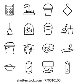 Thin line icon set : calculator, water tap, bucket, rag, broom, garbage bag, and, foam, wiping, sponge with, hand drop, basin, cleanser powder, dryer, please clean