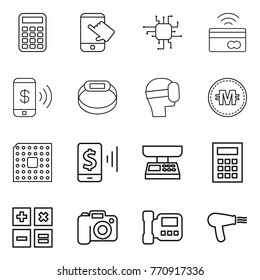 Thin Line Icon Set : Calculator, Touch, Chip, Tap To Pay, Phone, Smart Bracelet, Virtual Mask, Crypto Currency, Cpu, Mobile, Market Scales, Camera, Intercome, Hair Dryer