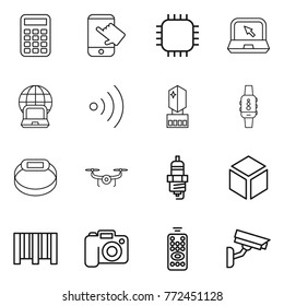 Thin line icon set : calculator, touch, chip, notebook, globe, wireless, crystall memory, smart watch, bracelet, drone, spark plug, 3d, bar code, camera, remote control, surveillance