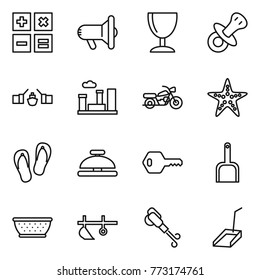 Thin line icon set : calculator, megafon, wineglass, nipple, drawbridge, city, motorcycle, starfish, flip flops, service bell, key, scoop, colander, plow, blower