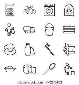 Thin line icon set : calculator, bio, washing machine, garbage bag, trash, sweeper, bucket, sponge, soap, shampoo, tooth brush, skyscrapers cleaning, foam basin, toilet paper, duster, bin