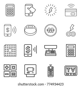 Thin line icon set : calculator, touch, lightning, tap to pay, phone, smart bracelet, crypto currency, infinity power, cpu, mobile, market scales, atm, remote control, tv