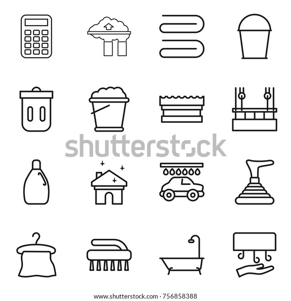 Thin line icon\
set : calculator, factory filter, towel, bucket, trash bin, foam,\
sponge, skysrcapers cleaning, cleanser, house, car wash, plunger,\
hanger, brush, bath, hand\
dryer