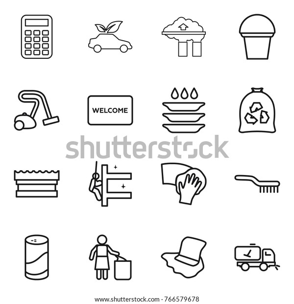 Thin line icon set : calculator, eco car, factory\
filter, bucket, vacuum cleaner, welcome mat, plate washing, garbage\
bag, sponge, skyscrapers cleaning, wiping, brush, cleanser powder,\
bin, floor