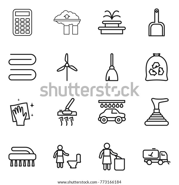 Thin line\
icon set : calculator, factory filter, fountain, scoop, towel,\
windmill, broom, garbage bag, wiping, vacuum cleaner, car wash,\
plunger, brush, toilet cleaning, bin, home\
call