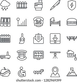 Thin Line Icon Set - calendar vector, rain, caterpillar, picnic table, monitor pulse, hospital bed, disabled, diet, pin, 24 hours, mail, protect, themes, download, cellular signal, paper binder, pen