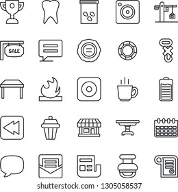 Thin Line Icon Set - calendar vector, stamp, seeds, tooth, store, no hook, flammable, battery, rewind, rec button, message, mobile camera, mail, news, sale, table, crane, coffee, outdoor lamp