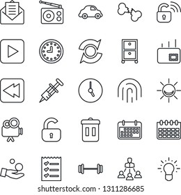Thin Line Icon Set - calendar vector, syringe, barbell, broken bone, car delivery, clock, term, radio, video camera, mail, play button, rewind, fingerprint id, update, checklist, archive box, lock