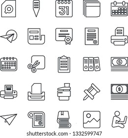 Thin Line Icon Set - calendar vector, printer, plant label, cash, gallery, cut, clipboard, drawing pin, news, document search, blank box, paper binder, tray, copier, contract, book, plane