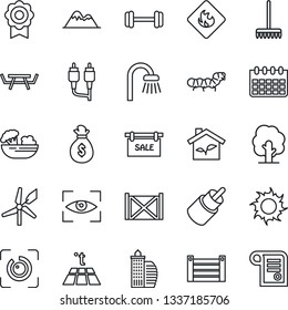 Thin Line Icon Set - calendar vector, rake, tree, sun, caterpillar, picnic table, barbell, container, flammable, rca, eye id, sertificate, mountains, sale, office building, bathroom, salad, scan
